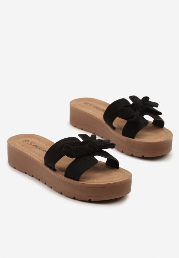 Czarne Klapki na Niskiej Platformie z Kokardką Ravirise