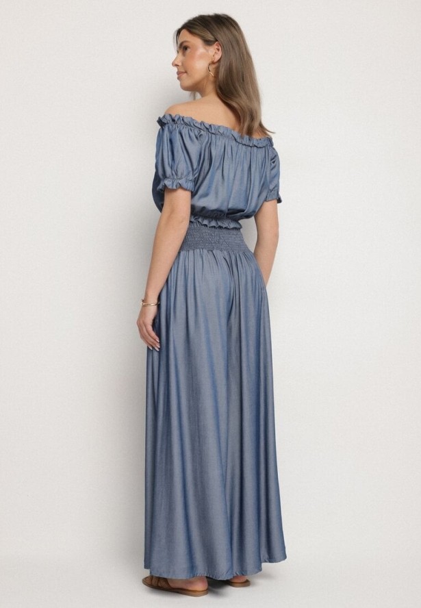 Niebieski Komplet z Wiskozy Bluzka Hiszpanka i Szerokie Spodnie Efrale