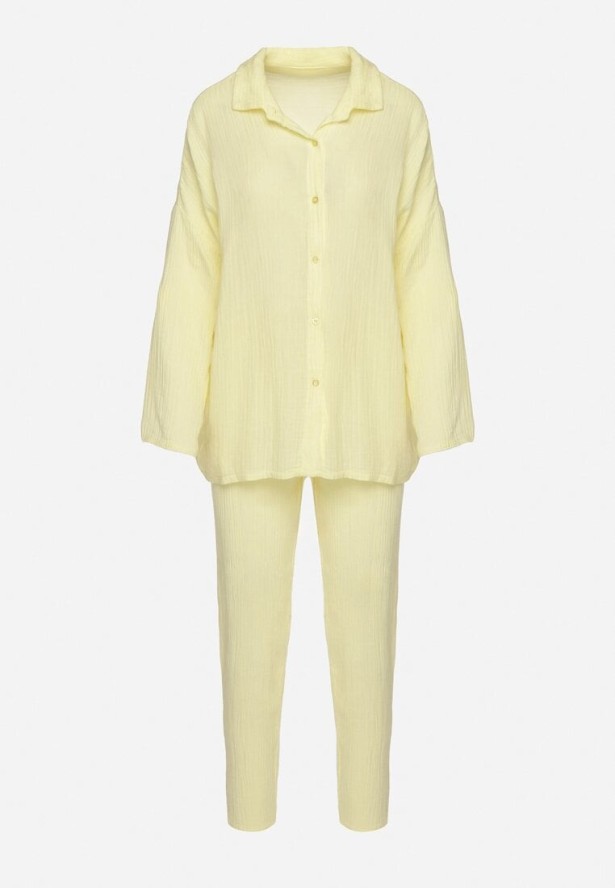 Żółty Bawełniany Komplet Muślinowy Koszula z Regulowanymi Rękawami i Spodnie Janilene