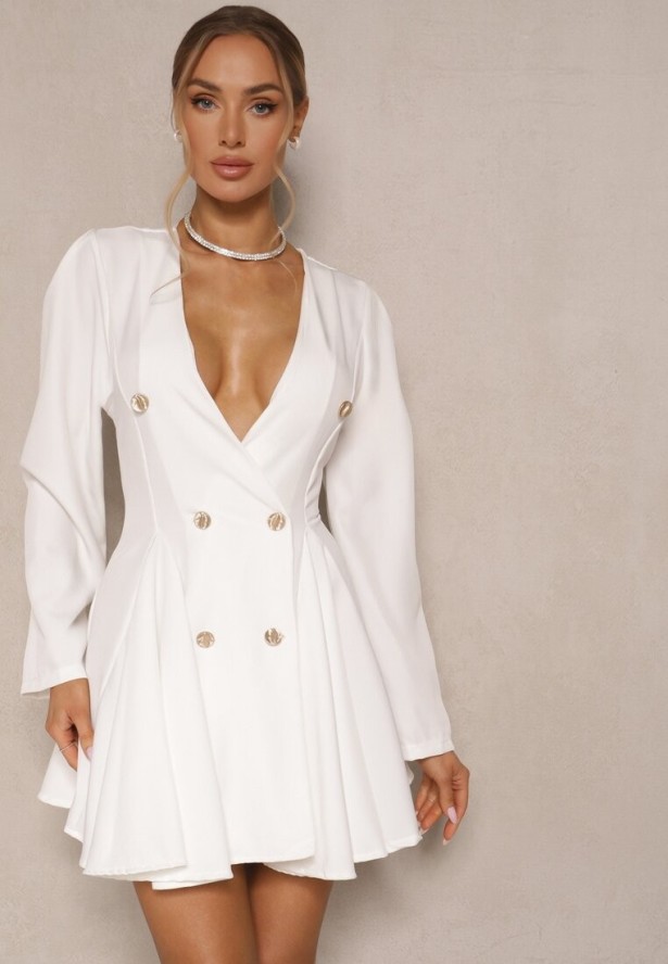 Biała Rozkloszowana Sukienka o Fasonie Marynarki z Ozdobnymi Guzikami Florlio