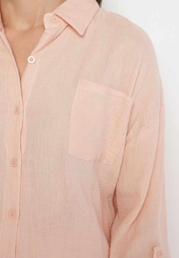 Jasnoróżowy Bawełniany Komplet Koszula z Regulowanymi Rękawami i Szorty Eleadelle