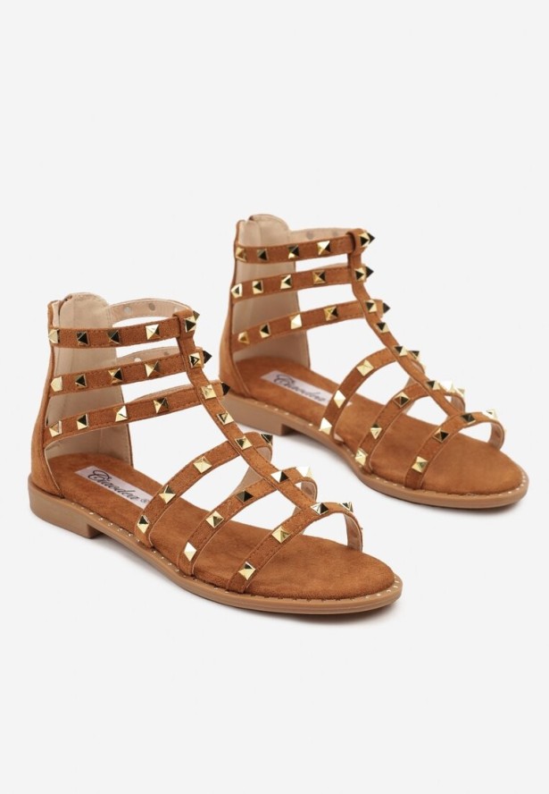 Brązowe Sandały w Stylu Rzymianek Ozdobione Ćwiekami Novirae