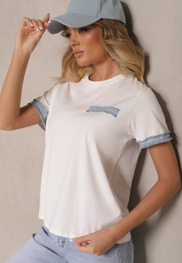 Biała Bawełniana Bluzka T-shirt Oversize z Ozdobnym Wykończeniem Mirnil