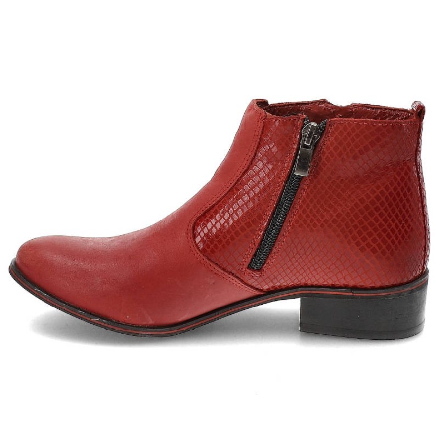Botki damskie Avanti, licowa skóra naturalna z ozdobną fakturą i gładkim noskiem zapinane na suwak i na płaskiej podeszwie, czerwony, 191