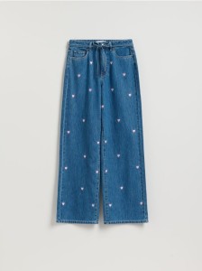 Jeansy wide leg z haftem - niebieski
