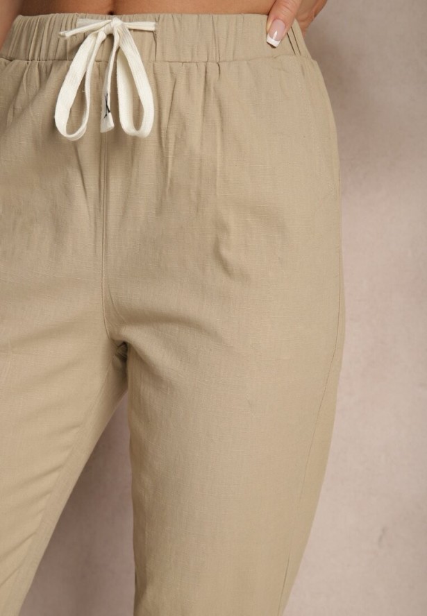 Ciemnobeżowe Bawełniane Spodnie ze Sznurkami Fenarlia
