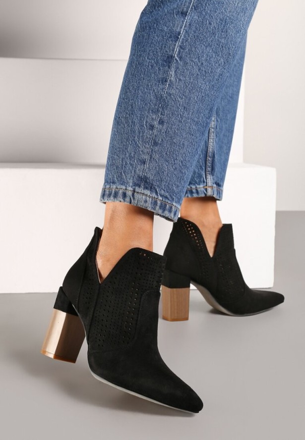 Czarne Botki na Słupku z Ażurową Wstawką Bevitis