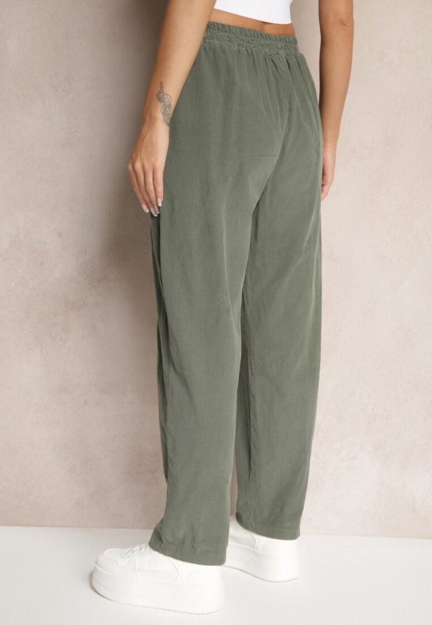 Ciemnozielone Bawełniane Spodnie High Waist w Klasycznym Stylu Arivora