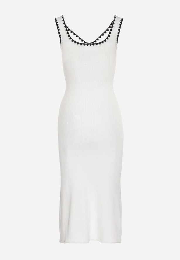 Biała Sukienka Dzianinowa o Taliowanym Kroju na Ramiączkach z Lamówką Zenlimi