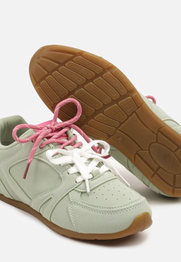 Jasnozielone Sneakersy Ozdobione Przeszyciami i Podwójnym Sznurowaniem Telisaria