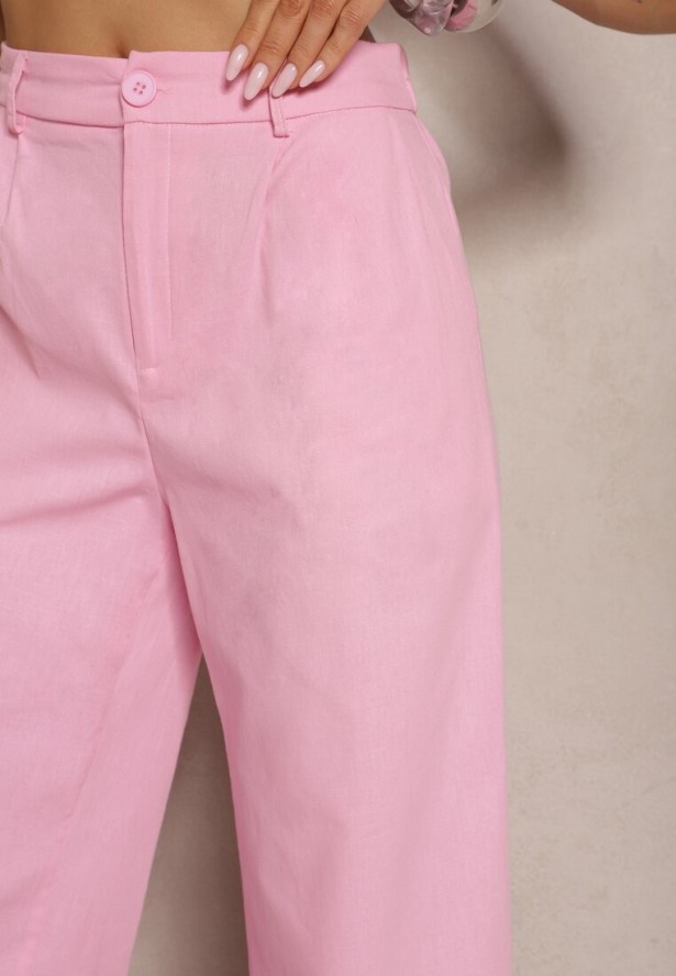 Różowe Szerokie Spodnie High Waist z Bawełny z Gumką w Talii Nalilva