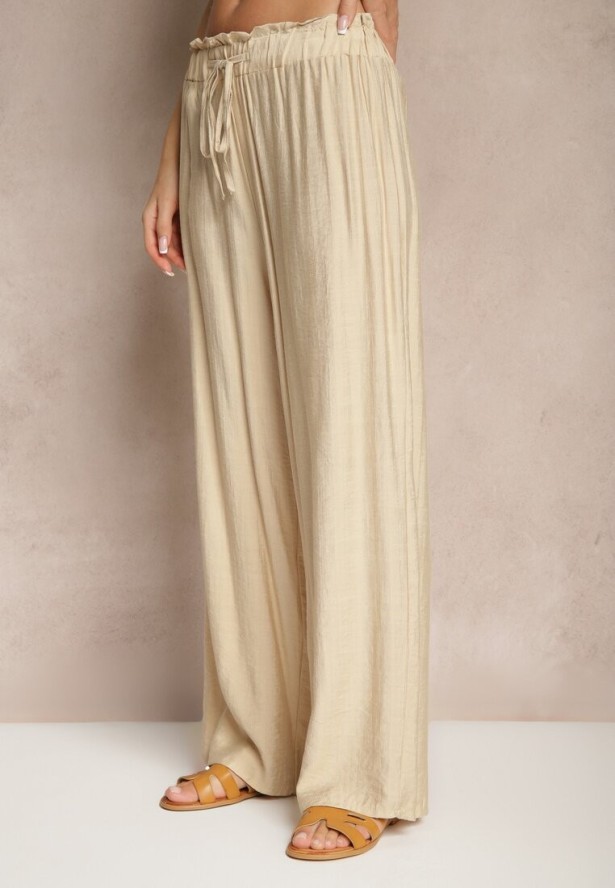 Beżowe Spodnie High Waist o Szerokim Kroju z Wiązaniem Telisiela