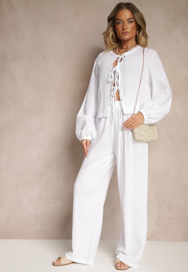 Biały Komplet z Bawełny Wiązana Bluzka i Szerokie Spodnie Palanniela