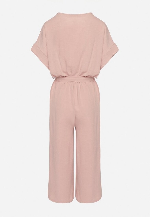 Różowy Kombinezon o Kopertowym Kroju z Wiązanym Paskiem Tenirea