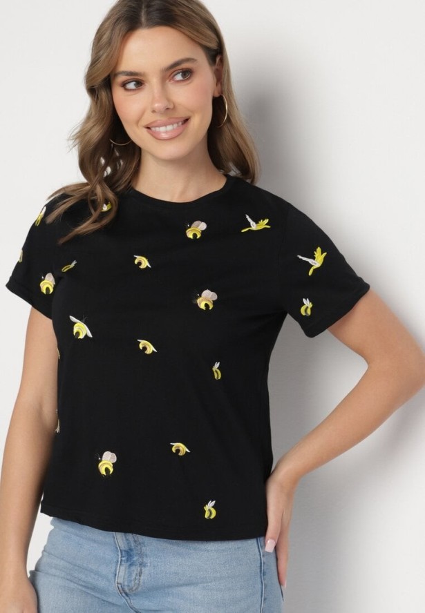 Czarny T-shirt z Bawełny Ozdobiony Haftem Hiraviel