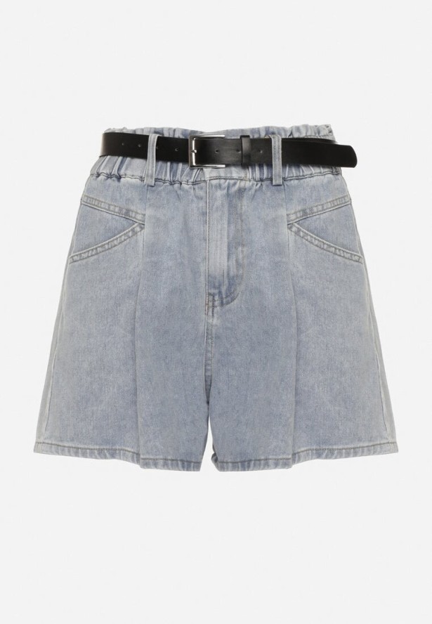 Jasnoniebieskie Szorty Jeansowe z Ozdobnymi Przeszyciami Gumką w Talii i Paskiem Alariana