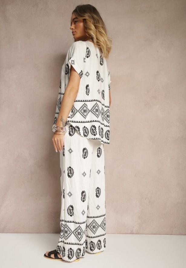 Czarno-Biały Komplet z Bawełny Spodnie o Szerokim Kroju i Koszula ze Wzorem Paisley Pavenn