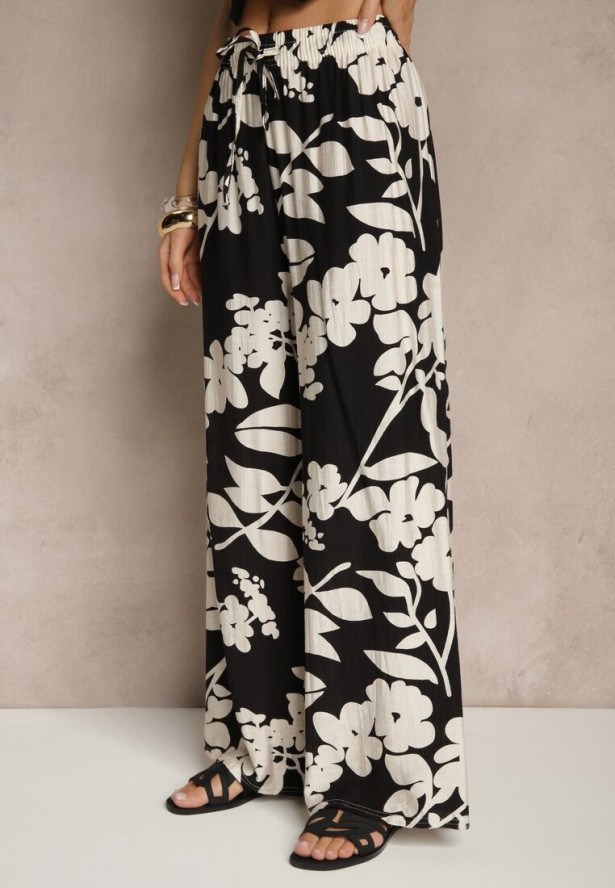 Czarne Szerokie Spodnie z Wiskozy High Waist w Kwiatowy Wzór Elaneora