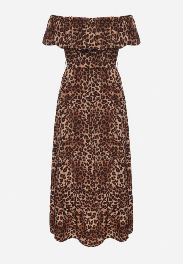 Brązowa Sukienka Hiszpanka w Panterkę o Rozkloszowanym Kroju z Gumką w Talii Giterta