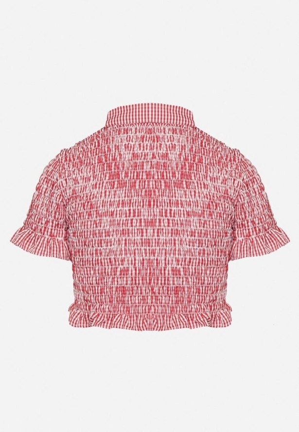 Czerwona Elastyczna Koszula w Kratkę Vichy o Krótkim Kroju Sovzeri