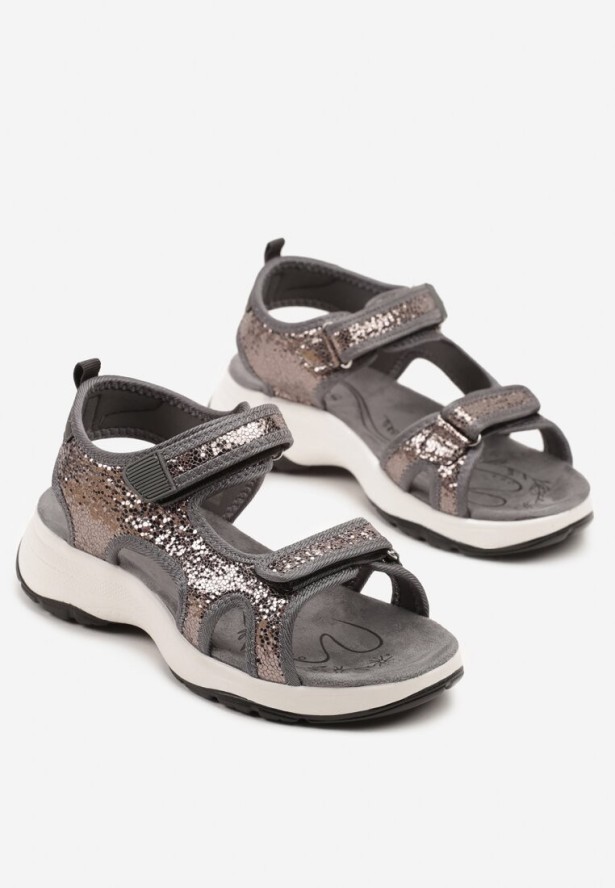 Szare Sportowe Sandały Vices z Metalicznym Połyskiem Zapinane na Rzep Tanalia