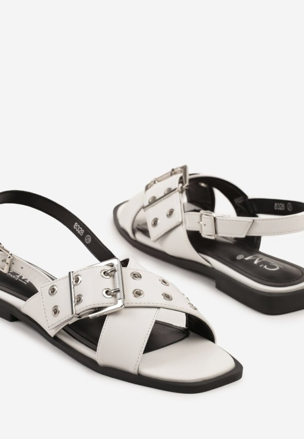 Białe Sandały z Ozdobnym Paskiem z Klamrą Tunea