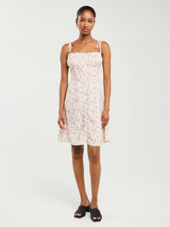 Sukienka damska mini z wiskozy z motywem kwiatowym kremowa Casie 102