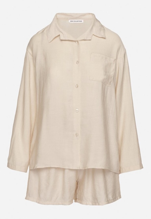 Beżowy Komplet z Wiskozy Koszula z Długim Rękawem i Szorty z Gumką w Pasie Efralice