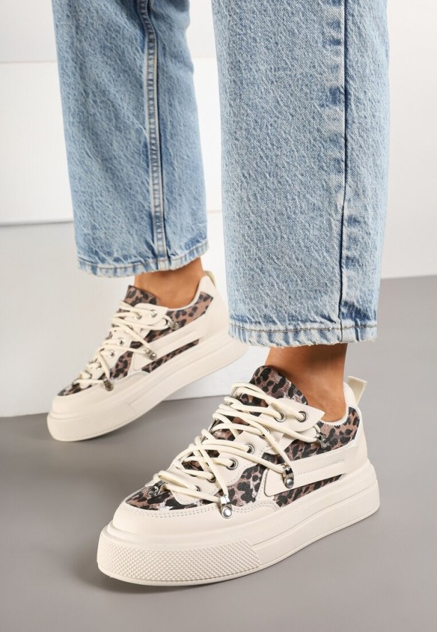 Beżowe Sneakersy ze Wzorem w Panterkę Doridi
