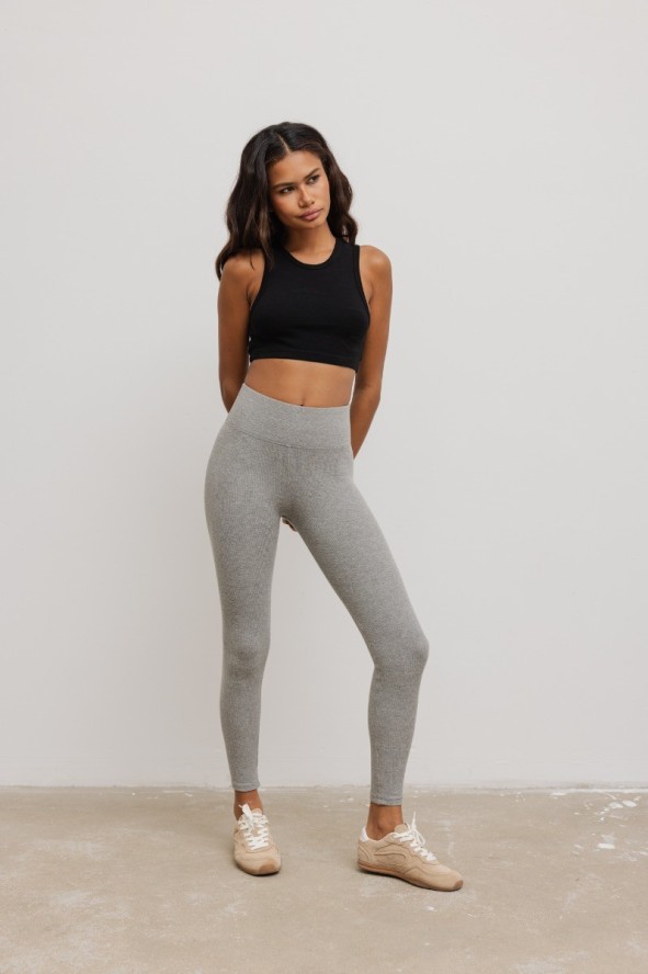 Legginsy damskie z prążkowanej dzianiny w kolorze DEEP GREY MELANGE- HIPS-M