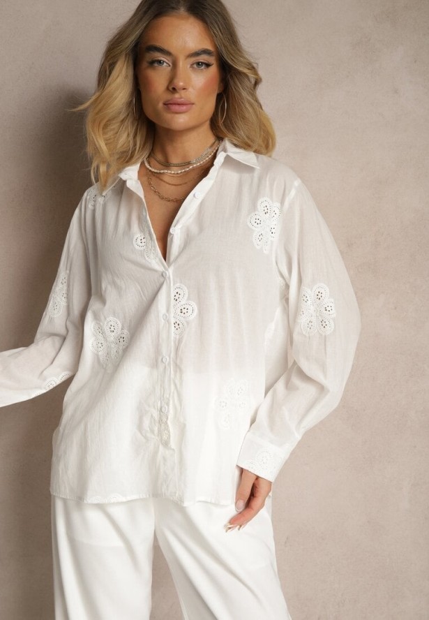 Biała Koszula z Bawełny Ozdobiona Ażurowymi Wstawkami Cornelai