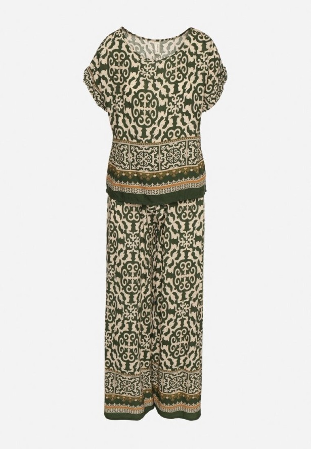 Ciemnozielony Komplet Bawełniany w Ornamentalny Wzór Spodnie i Bluzka Nanirienna