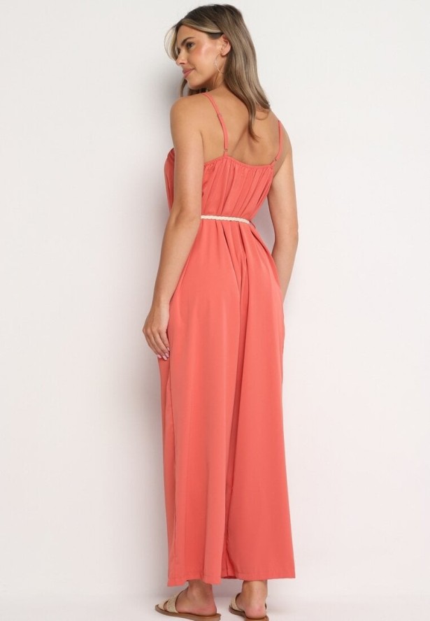 Czerwony Kombinezon na Cienkich Regulowanych Ramiączkach ze Ściągaczem w Talii Huetta