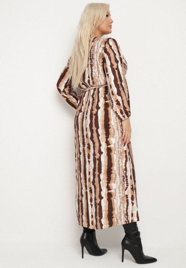 Beżowo-Brązowa Kopertowa Sukienka z Wiskozą i Paskiem w Talii Noranea