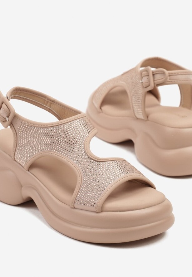 Beżowe Sandały Chunky na Piankowej Platformie z Cyrkoniową Cholewką Idamirela