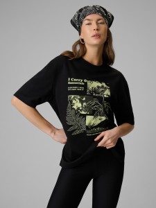 4F T-shirt loose z nadrukiem damski - czarny L