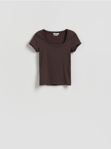 Bawełniany t-shirt w groszki - ciemnobrązowy