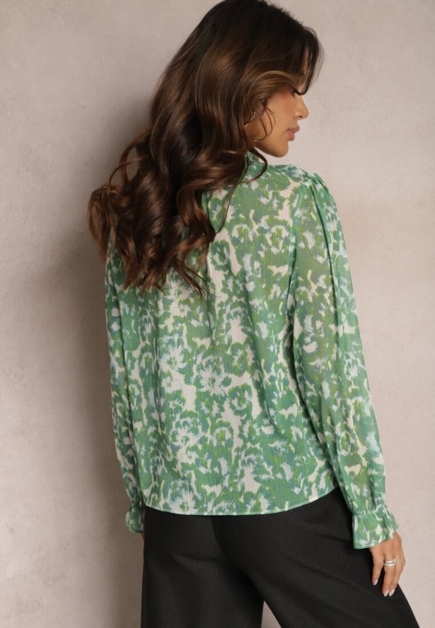 Zielona Koszula w Kwiaty z Falbanką przy Dekolcie i Rękawach Navy