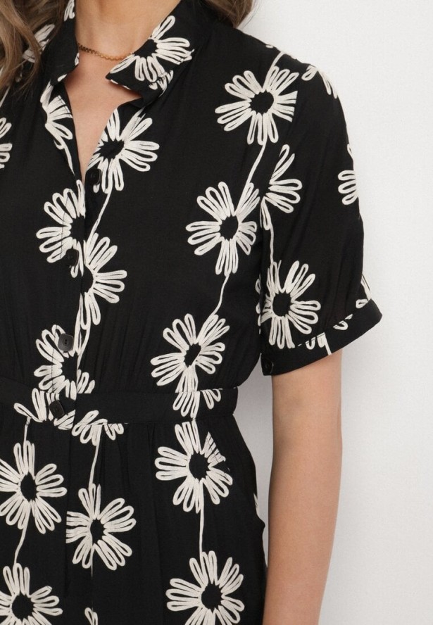 Czarny Wiskozowy Kombinezon o Koszulowym Kroju z Krótkim Rękawem i Kieszeniami Milaviela