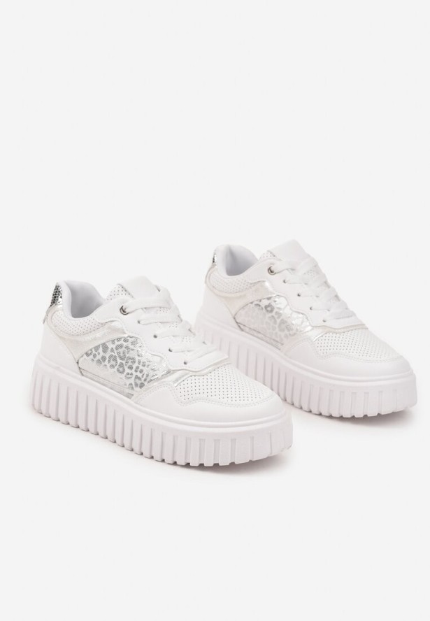 Białe Sneakersy na Platformie z Tłoczeniami Zdobione Panterkowym Printem Herraza