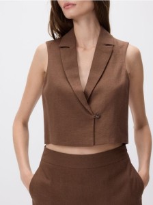 Krótka kamizelka z lnem - ciemnobrązowy