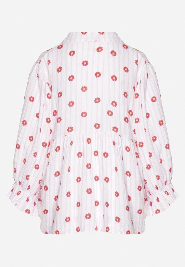 Różowo-Czerwona Bawełniana Koszula z Dekoltem w Serek w Kwiatowy Wzór Mailovelle