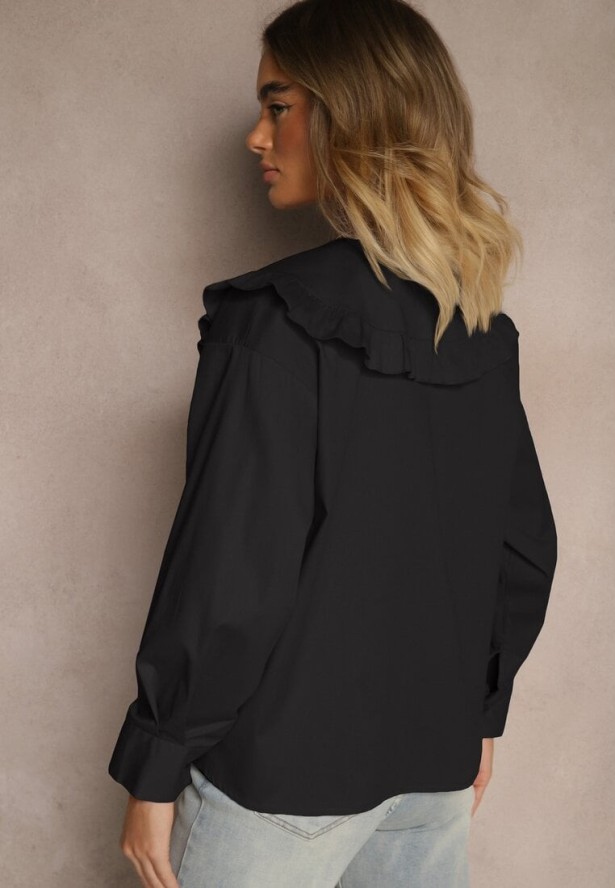 Czarna Koszula z Bawełny w Stylu Retro z Wiązaniem i Kołnierzykiem z Falbankami Firsela