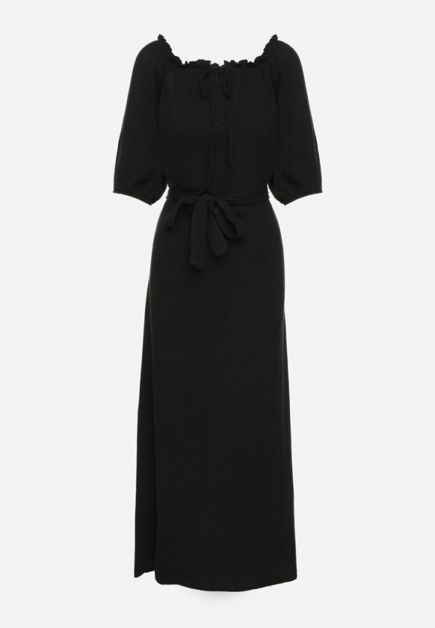 Czarna Trapezowa Muślinowa Sukienka z Bawełny z Paskiem i Gumką w Talii Vimarinn