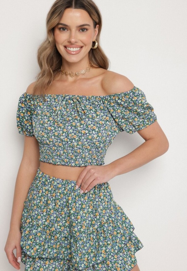 Granatowo-Zielony Komplet Bluzka Hiszpanka i Spódnico-Spodenki z Falbankami Sadelissea