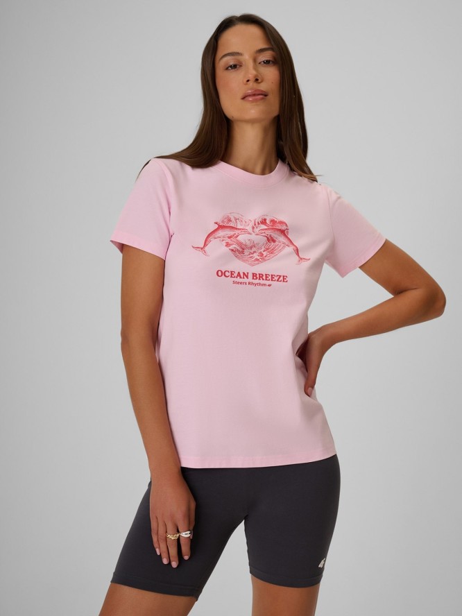 4F T-shirt regular z nadrukiem damski - różowy L