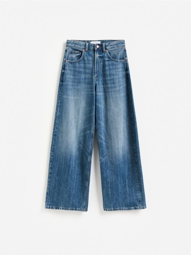 Jeansy wide leg z wysokim stanem - granatowy