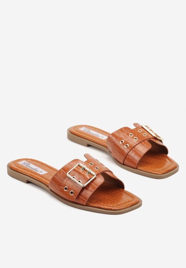 Pomarańczowe Klapki Ozdobione Paskiem z Klamrą i Nitami Novira