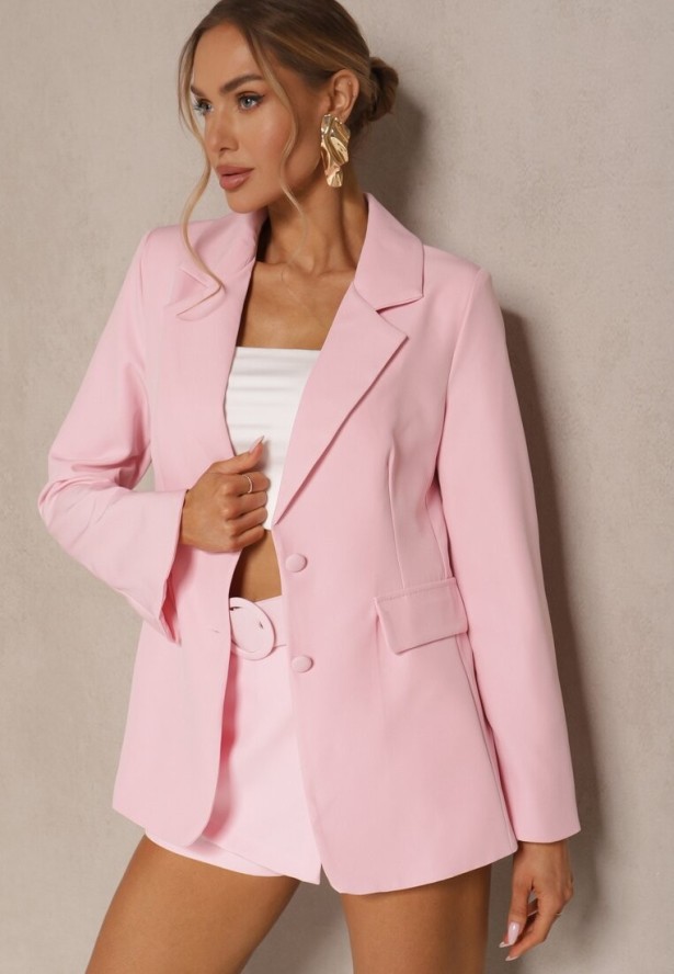 Różowa Marynarka z Usztywnionymi Ramionami i Imitacją Kieszeni Halonia