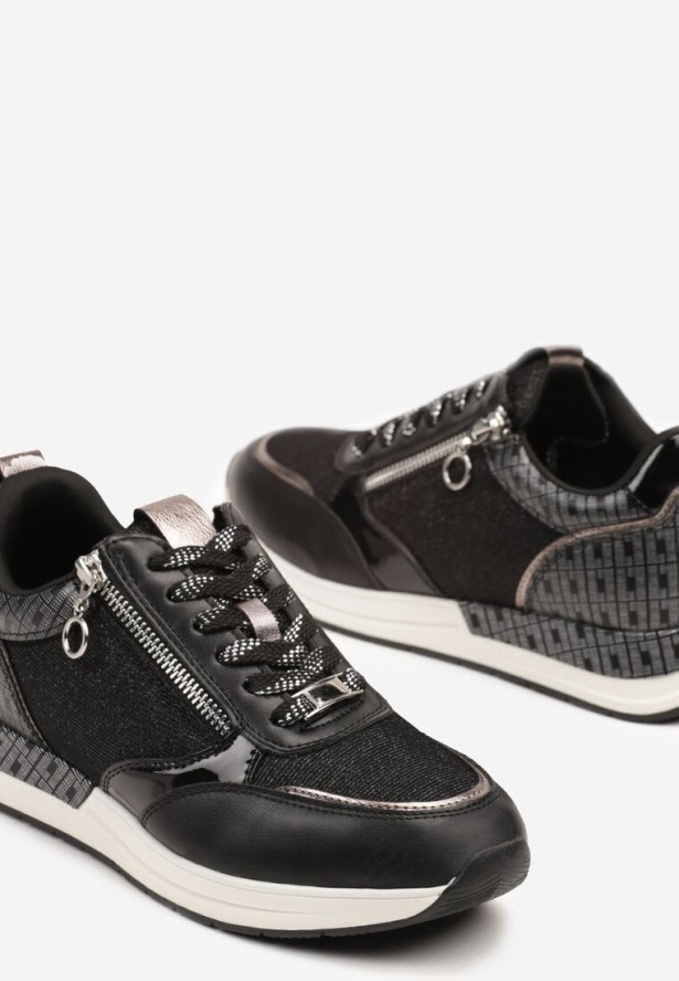 Czarne Sneakersy z Wkładką ze Skóry Naturalnej Zdobione Suwakiem Fihanor